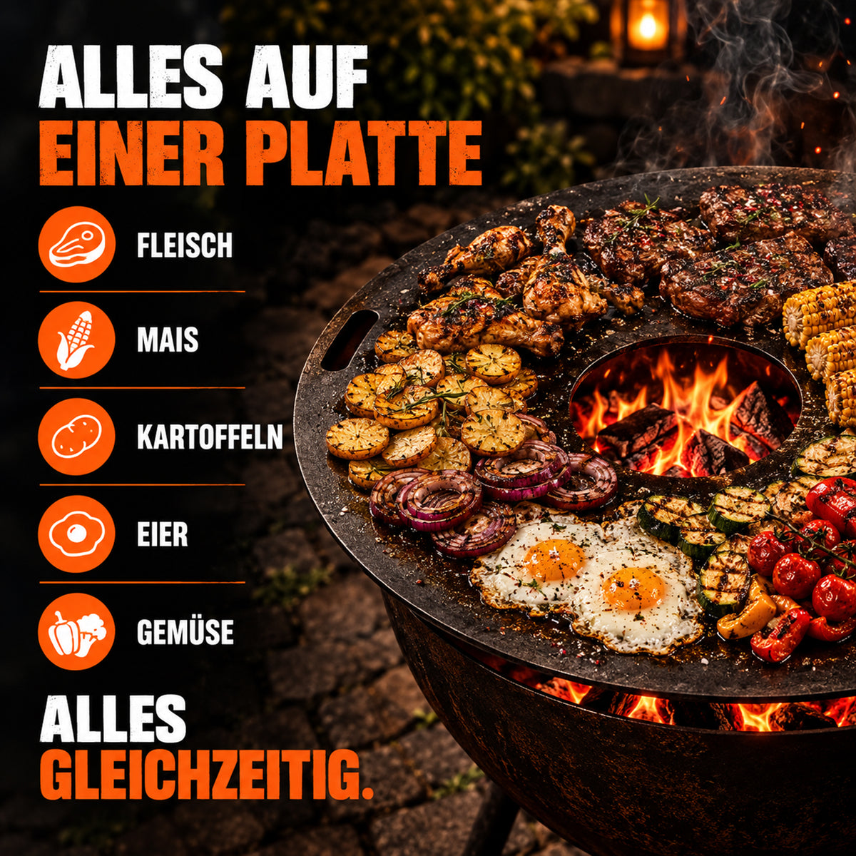 Fleisch, Mais, Kartoffeln, Eier und Gemüse gleichzeitig auf der Feuerplatte