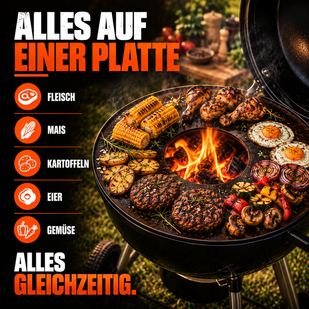 Fleisch, Mais, Kartoffeln, Eier und Gemüse gleichzeitig auf der Feuerplatte