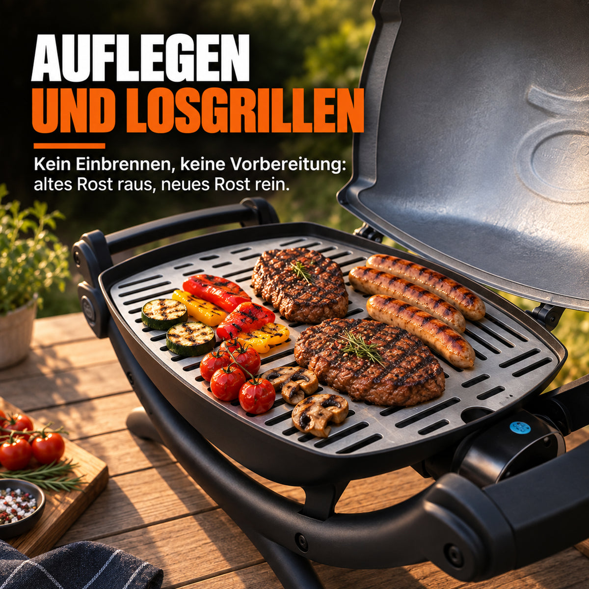 Grillrost im Weber Q mit Steaks, Würstchen und Gemüse