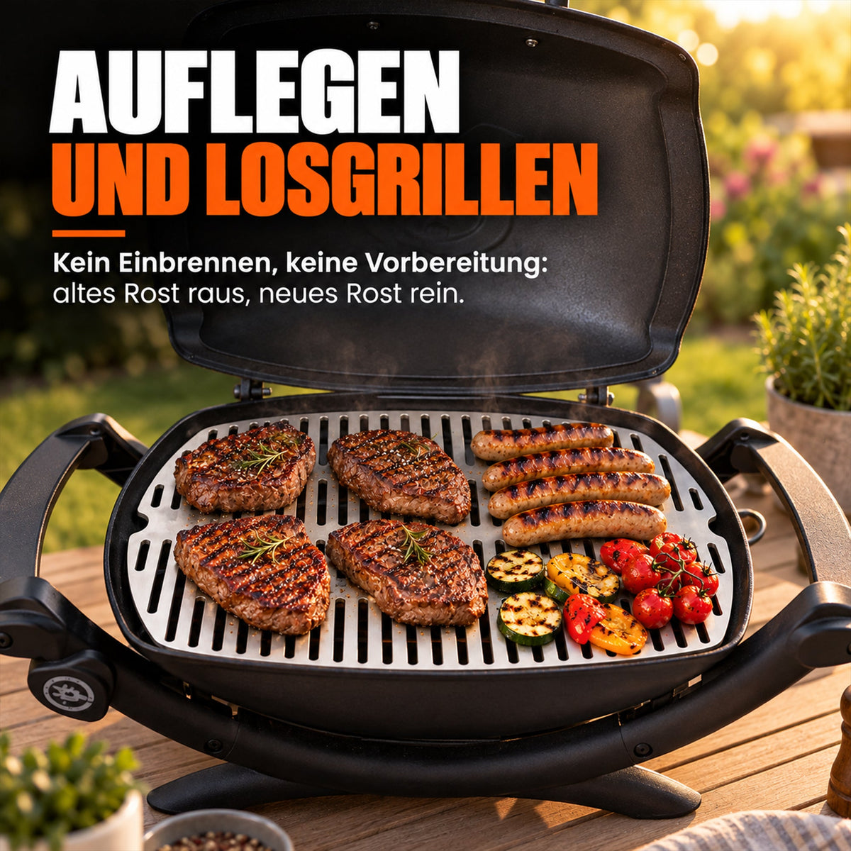 Edelstahl-Grillrost im Weber Q mit Steaks, Würstchen und Gemüse