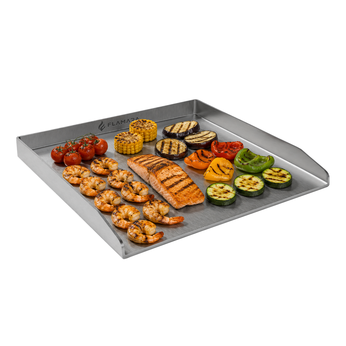 Edelstahl-Plancha mit Garnelen, Lachs und gegrilltem Gemüse