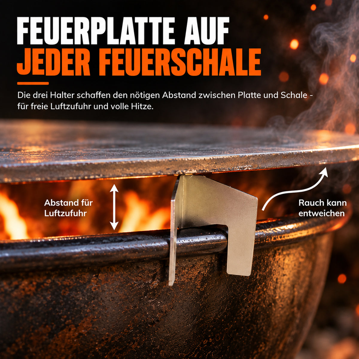Halter zwischen Feuerplatte und Feuerschale: Abstand für Luftzufuhr