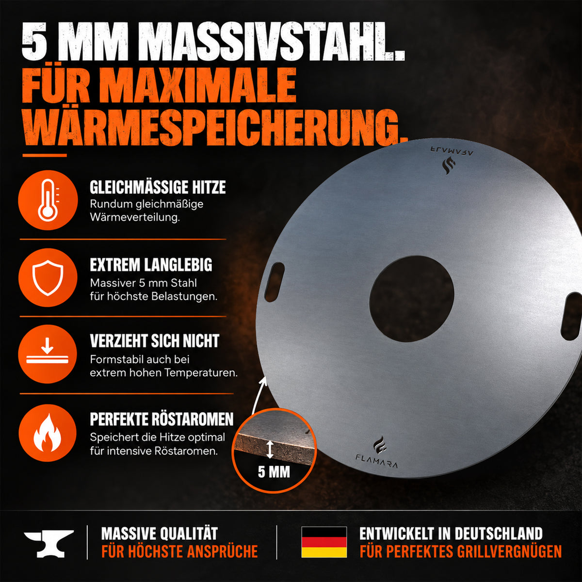 5 mm Massivstahl für gleichmäßige Hitze, Formstabilität und intensive Röstaromen