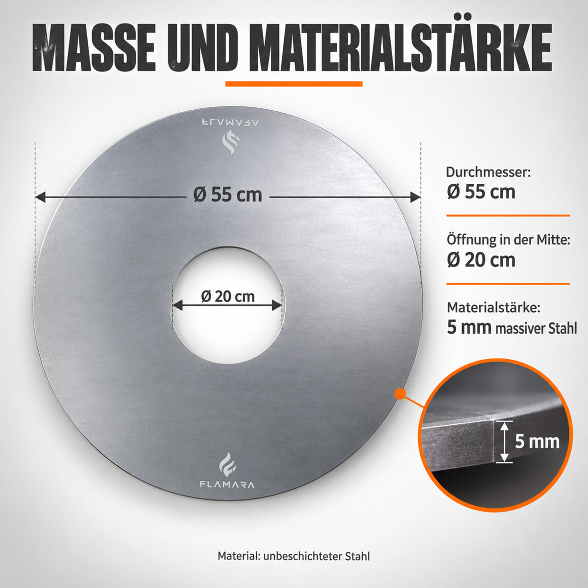 Maße der Feuerplatte 57er: Ø 55 cm, mittige Öffnung 20 cm, 5 mm Materialstärke