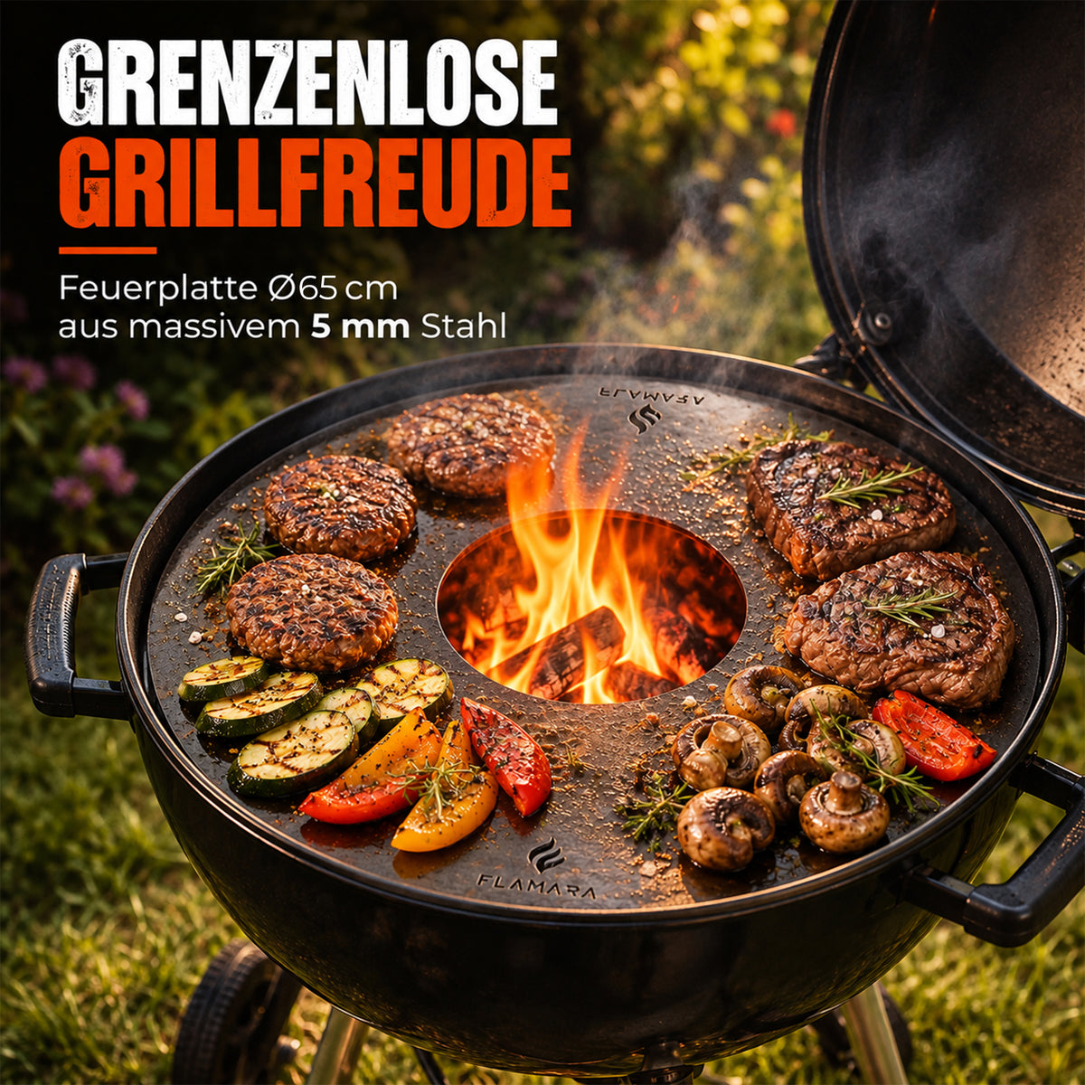 Feuerplatte Ø 65 cm auf einem 67er Kugelgrill mit Steaks, Burgern und Gemüse