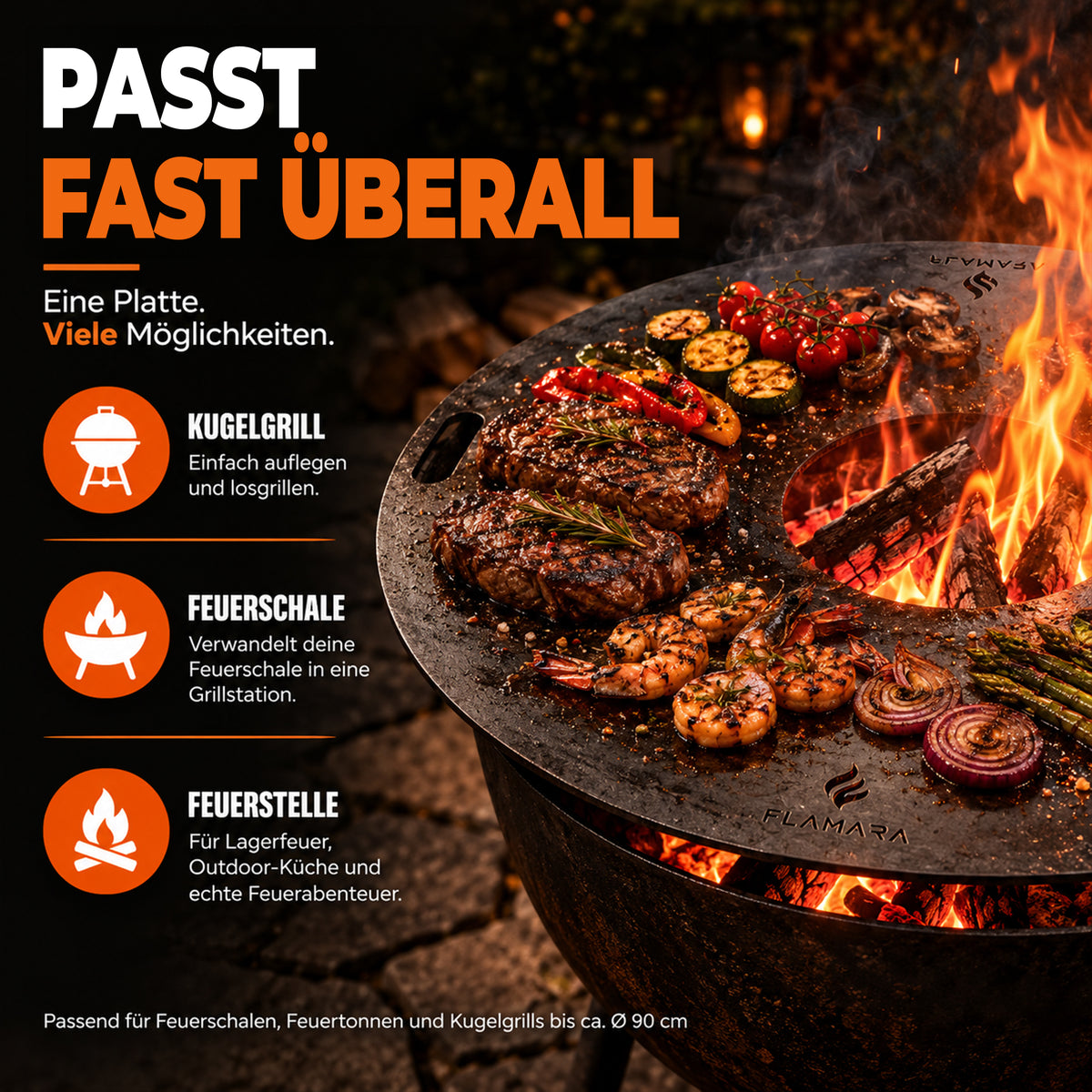 Feuerplatte passt auf Kugelgrill, Feuerschale, Feuertonne und offene Feuerstelle