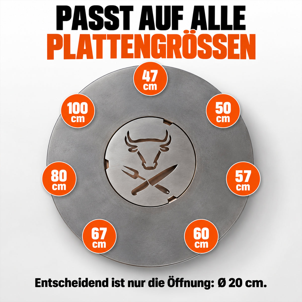 Passt auf alle Plattengrößen – entscheidend ist nur die Öffnung