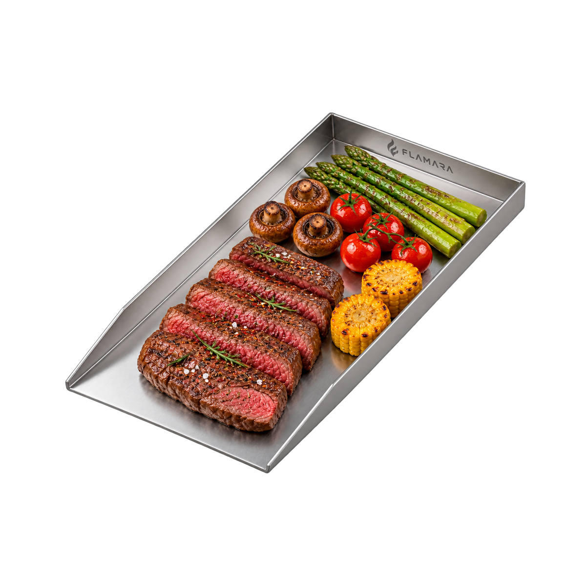 Flamara Plancha Grillplatte 40 × 20 cm aus 4 mm Edelstahl, schmale Form für Gasgrill und Holzkohlegrill